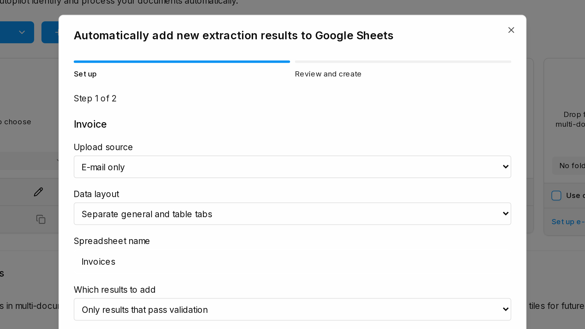 Automatic Google Sheets setup for invoices, showing email-only intake, separate tabs, and validation-passing results