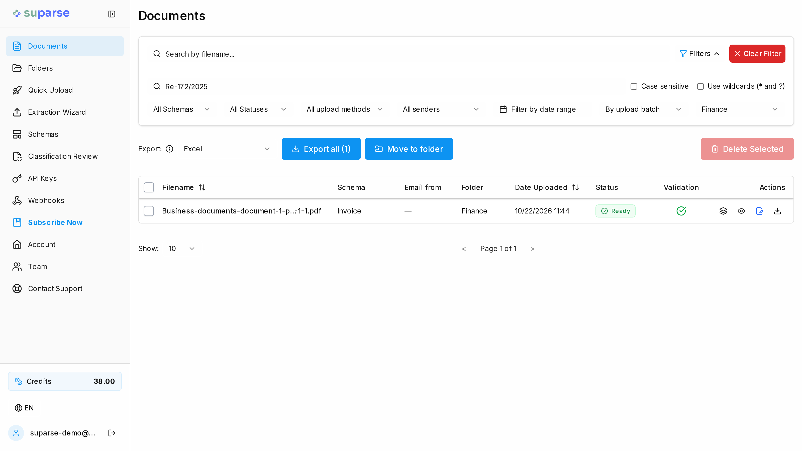 Extracted-data search for Re-172/2025 combined with the Finance folder filter, returning one invoice record